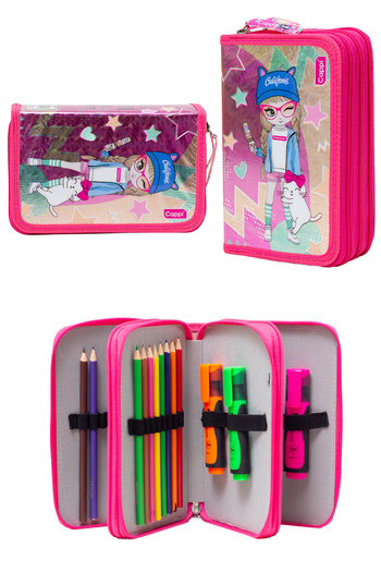 MUCCO Pink Girl Patterned Pvc Three Compartment Girl Organizer Pen Holder Pencil Case -Cp7002