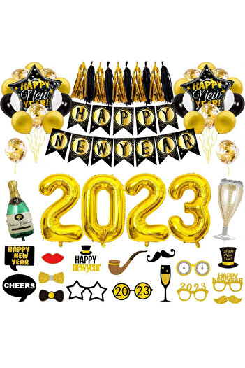 Abnaok Set of 47 decorations for photo props, foil/latex/paper, gold/black
