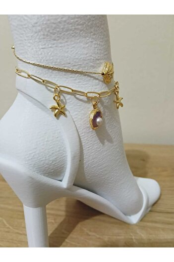 OLEN Women's Steel Anklet Set of 2 – Gold Color, Purple Pearl, Seashell and Starfish Detail