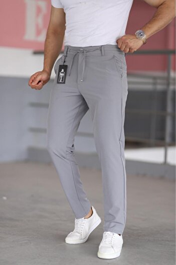 Bürke Erkek Gri Renk Beli Yarım Lastikli Bağcıklı Rahat Esnek Fitted Likralı Pantolon