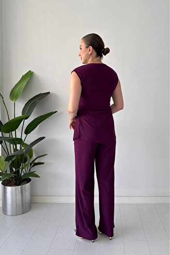 MaziButik Costum Seersucker cu cataramă laterală Prune