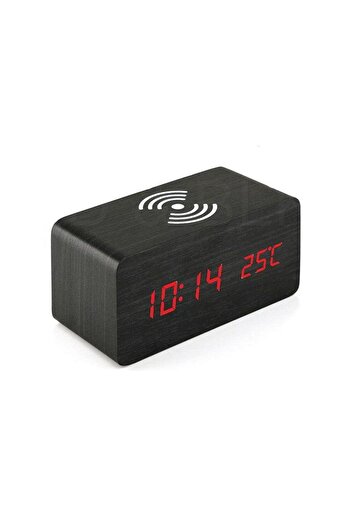 VTM Black Digital Watch with Red LED, Wireless Charging, Temperature, Alarm, Voice Control