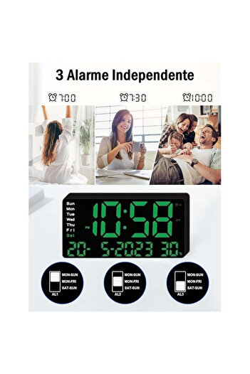 VTM Digital Table Clock Green LED, Alarm, 3 Brightness, Calendar, Temperature, Snooze, Night Mode