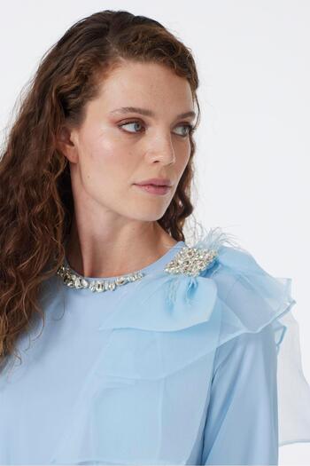 Zühre Blue Chiffon Dress with Stone Collar and Bow Detail E-0288