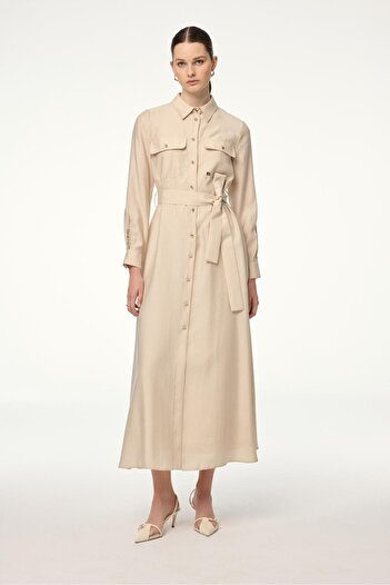 Zühre Button Closure Belted Long Stone Dress E-0498