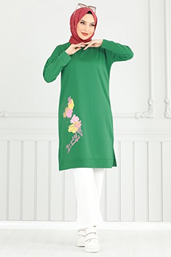 ModaMerve Pattern Printed Hijab Suit 5093Uz662-Ms Green&Ecru