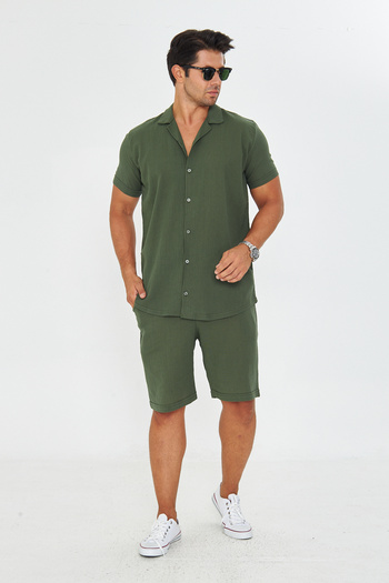 ZİNOX Men's Linen Lapel Collar Short Sleeve Shirt - Shorts Set