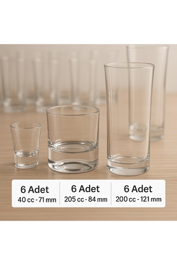 ORTAKÖY CENNETİ 18 Piece Set, Shot Glass, Whiskey Glass, Vodka Glass, Glass Soft Drink Glass