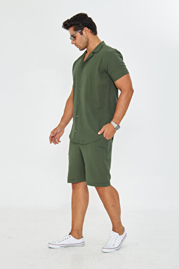 ZİNOX Men's Linen Lapel Collar Short Sleeve Shirt - Shorts Set