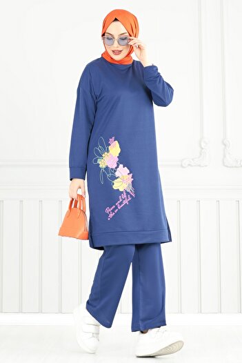 ModaMerve Pattern Printed Hijab Suit 5093Uz662-Ms Indigo