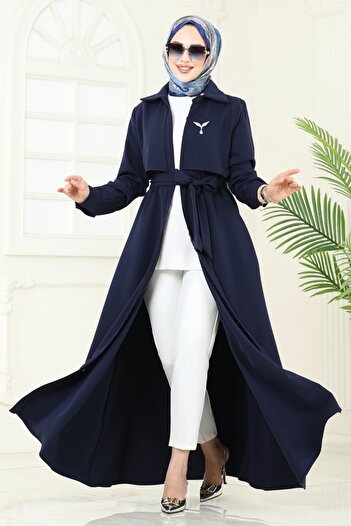 ModaMerve Hidden Zipper Overcoat Ferace 2630Sl432-Ms Navy