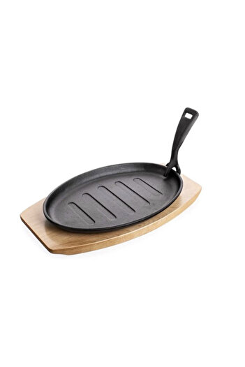 N2L Store Grill pan, N2L Store, cast iron with wooden support, removable handle, black/brown, 27x17.5 cm
