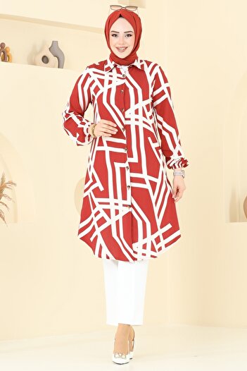 ModaMerve Geometric Pattern Viscose Tunic 0173Bg354-Ms Red&Ecru