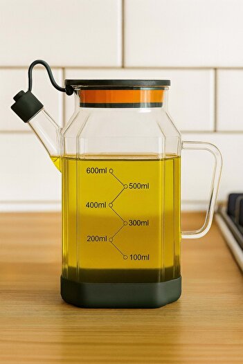 Jenisa Transparent Glass 600 ml Oil Pot Jug Non-Spill & Non-Slip Silicone Based Oil Pot - Black