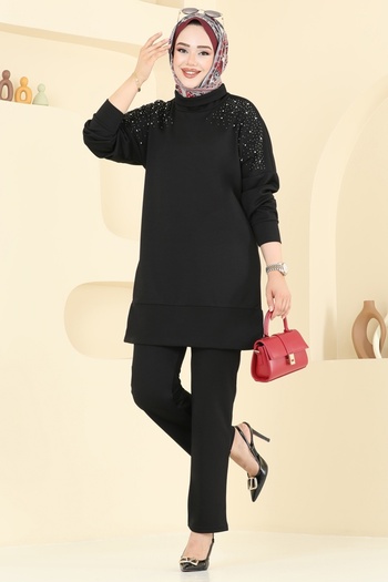 ModaMerve Stoned Degaje Collar Suit 2711Ayd574-Ms Black