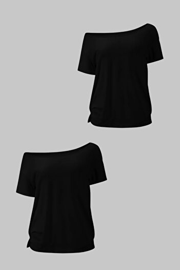 Tarz Cool Black 2 Pack Women's Off Shoulder Boat Neck Oversize T-Shirt