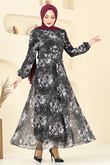 ModaMerve Rochie din șifon cu curea cu model 5206AL357-MS Negru