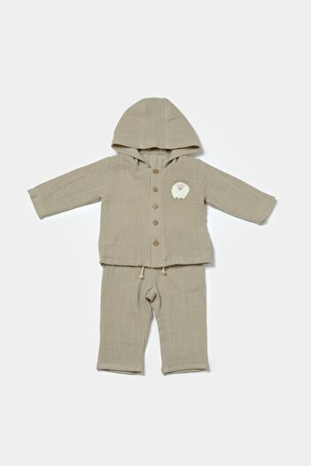 Magu Unisex Baby Cotton Green Muslin Hooded Jacket and Pants Set – Sheep Embroidery Detail