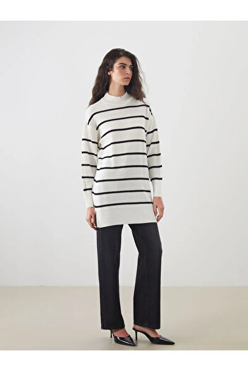 LC Waikiki Lcw modest ecru striped women's knit tunic with high collar