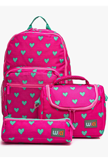 Wia Waterproof Heart Patterned Girl's 3-Piece School Bag Set - Backpack, Pen Holder, Lunch Box