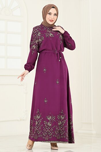 ModaMerve Viscose Dress with Elastic Cuffs 819Ozn1046-Ms Plum