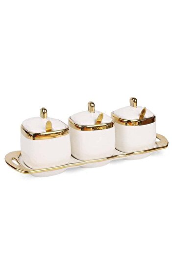 COOYA 3 pieces Ceramic Spice Jar,with Lid&Spoon & Tray ,Large capacity,For Kitchen