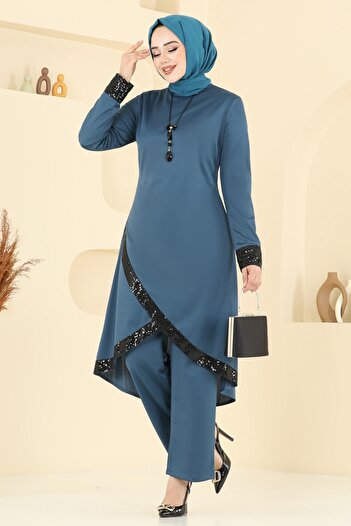 ModaMerve Pul Sequin Suit with Necklace 4559Asmk1074-Ms Petrol