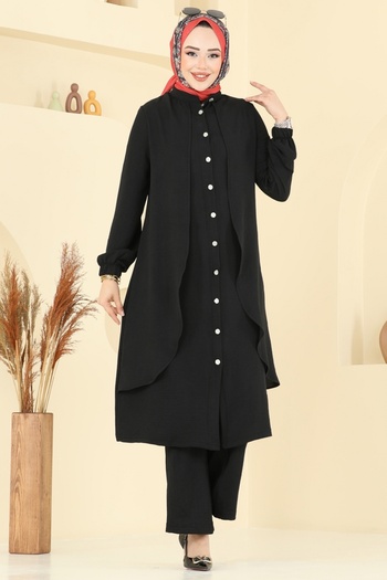 ModaMerve Front Button Aerobin Suit 425Dvl817-Ms Black