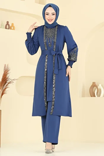 ModaMerve Sequin Detail Suit Asm2805-Ms Indigo