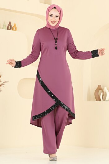 ModaMerve Pul Sequin Suit with Necklace 4559Asmk1074-Ms Dusty Rose