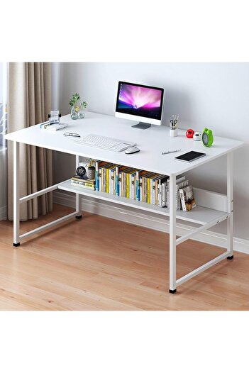 AGD Home Office Desk for Computer, Gaming, Writing and Studying with Bookshelf, White, 120×55×73 cm