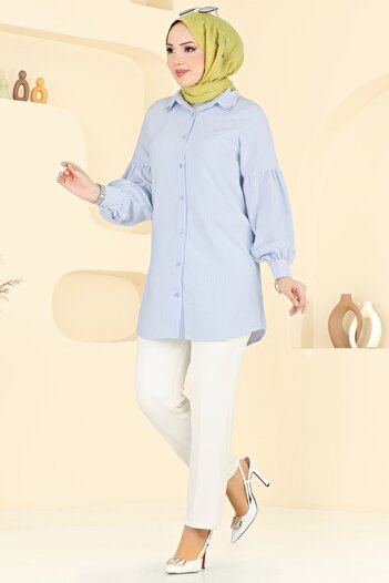 ModaMerve Striped Shirt with Stone Collar 3093Hbs856-Ms Blue