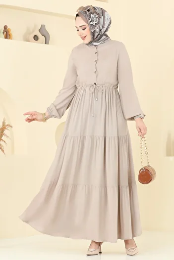 ModaMerve Waist Tunnelled Viscose Dress 1126Bg354-Ms Stone