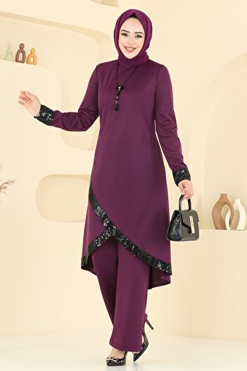 ModaMerve Pul Sequin Suit with Necklace 4559Asmk1074-Ms Plum