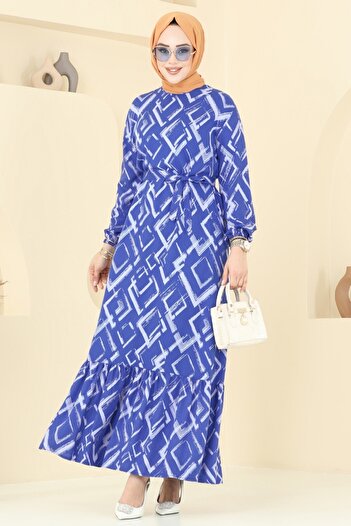 ModaMerve Patterned Hijab Dress 821Ozn1046-Ms Indigo
