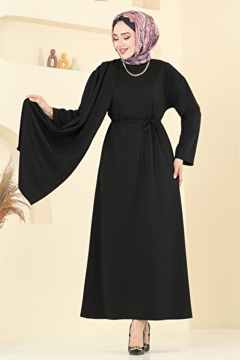 ModaMerve Shawl Detail Belted Dress 3057Ktr750-Ms Black