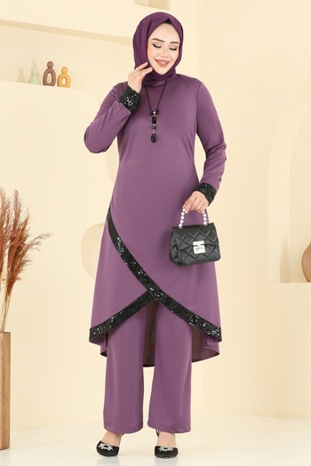 ModaMerve Pul Sequin Suit with Necklace 4559Asmk1074-Ms Lilac