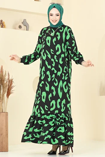 ModaMerve Patterned Hijab Dress 820Ozn1046-Ms Green