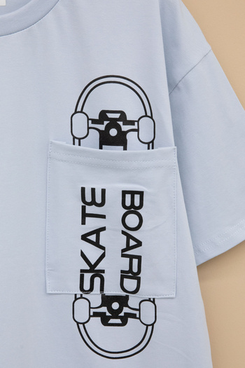 Cansın Mini Blue Skateboard Printed Pocket Boys Crew Neck T-Shirt 20911