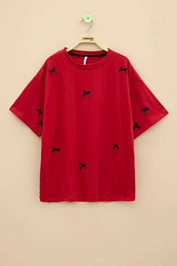 Cansın Mini Red Bow Embroidered Short Sleeve Girl's Oversize T-Shirt 20799