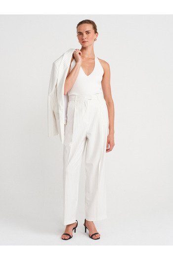 Dilvin 72146 Pinstripe Pleated Trousers-White