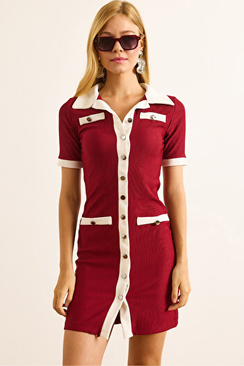 Olalook Women's Burgundy Buttoned Accessory Pocket Ribbed Mini Dress Elb-19002523