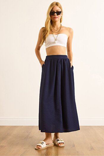 Olalook Women's Navy Blue Pocketed Draped Long Ayrobin Skirt Etk-19000345