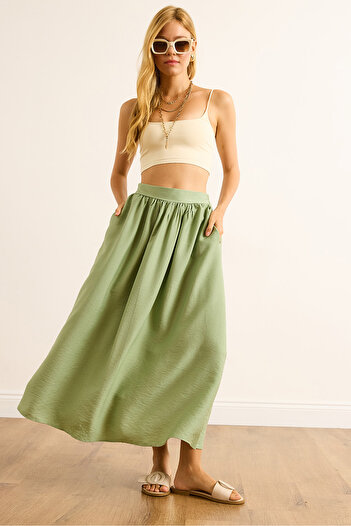 Olalook Women's Green Pocketed Flowy Long Ayrobin Skirt Etk-19000345