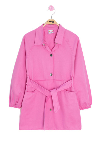 Cansın Mini Pink Snap Closure Belted Girl's Linen Dress 20694