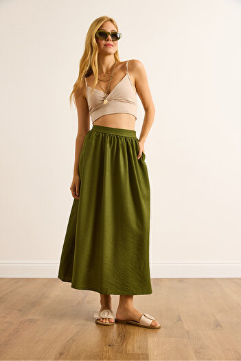 Olalook Women's Khaki Pocketed Flowy Long Ayrobin Skirt Etk-19000345