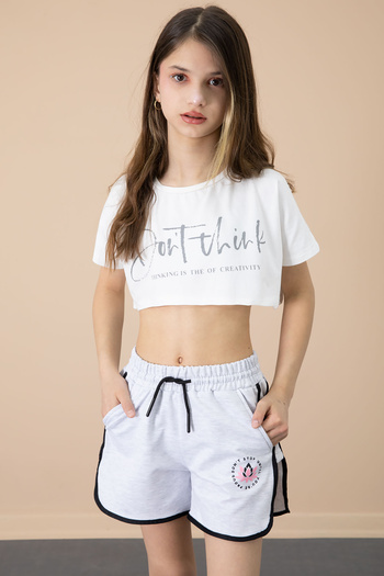 Cansın Mini Gray Side Slit Flower Printed Girl's Shorts with Elastic Waist 20740