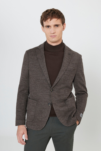 ALTINYILDIZ CLASSICS Мъжки кафяв Slim Fit тесен крой с моно яка, вълнен блейзър с джобове