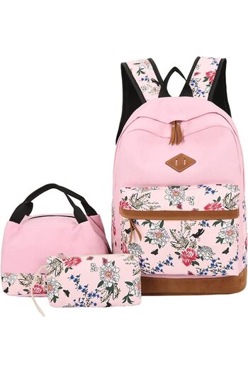 COOYA Girls Canvas Floral Backpack with Lunch Case and Pencil Case 3pcs