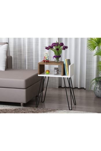 UnicUtil Bedside Table/Side Table with Modern Design, White, Brown 45 x 25 x 63 cm